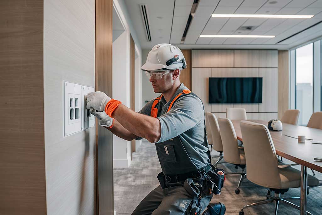 Electrician Installing Outlets in a Conference Room Electrician Installing Outlets in a Conference Room